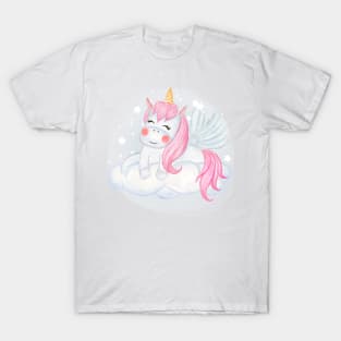 cute unicorns sitting on the clouds watercolor illustration T-Shirt